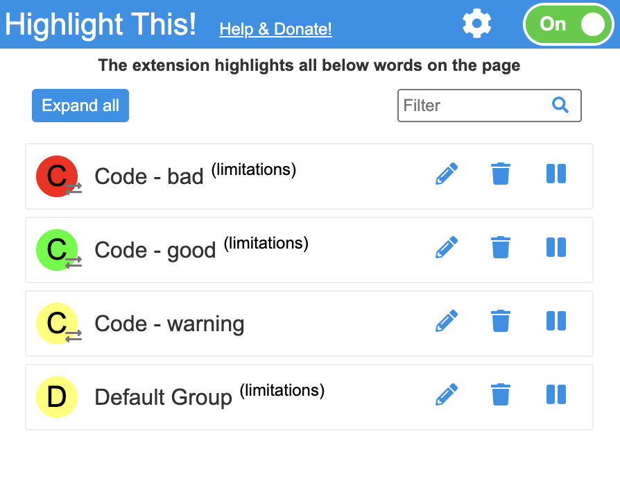 The Highlight This! browser plugin interface showing lists created for: code - good (green), code - warning (yellow), and code - bad (red)