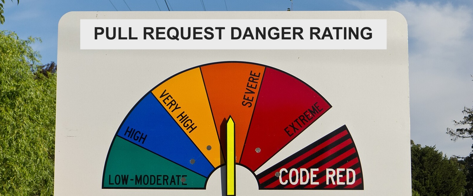 A fire danger rating sign with the text "PULL REQUEST DANGER RATING" across the top. These signs are common in towns acros Australia to indicate the risk of bushfire on the current day. Original source: https://upload.wikimedia.org/wikipedia/commons/0/01/Fire_danger_rating_sign.jpg